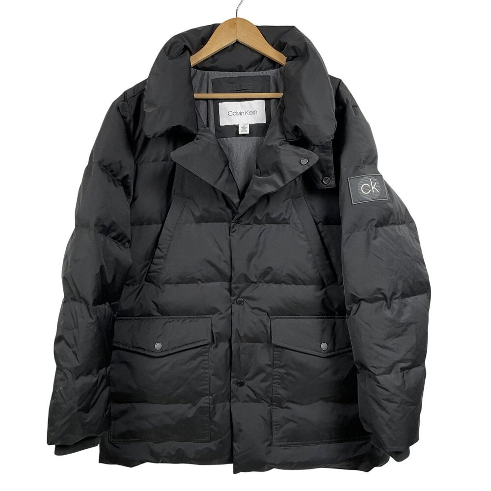 Calvin Klein Snap Button Puffer Coat Mens XL Black 70%‎ Down Skiing Snowboarding